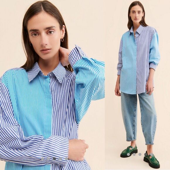 Anthropologie Bardot Spliced Boyfriend Shirt | Blue Stripe Contrast Button-Down - Picture 3 of 12